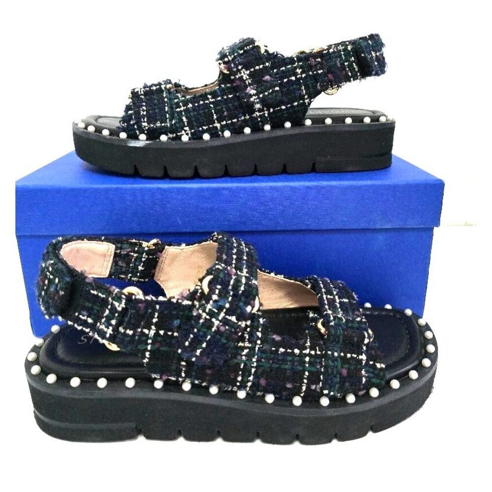 Stuart Weitzman Zoe Lift Tweed Sandal  Black Beaded Women's Size US 6 NI…